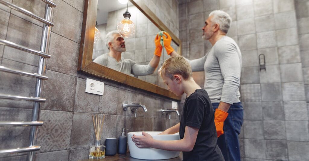 家族で家事分担テンプレートを使いながら楽しそうに協力している16:9イラスト画像。