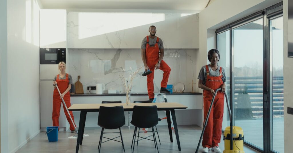 時短家電と便利な収納グッズが揃った家庭のキッチンとリビング。効率的な家事の様子をイメージ。