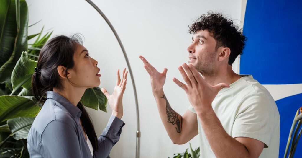 家事分担の話し合い中に感情的になりかけた夫婦が冷静になるために一時中断する様子