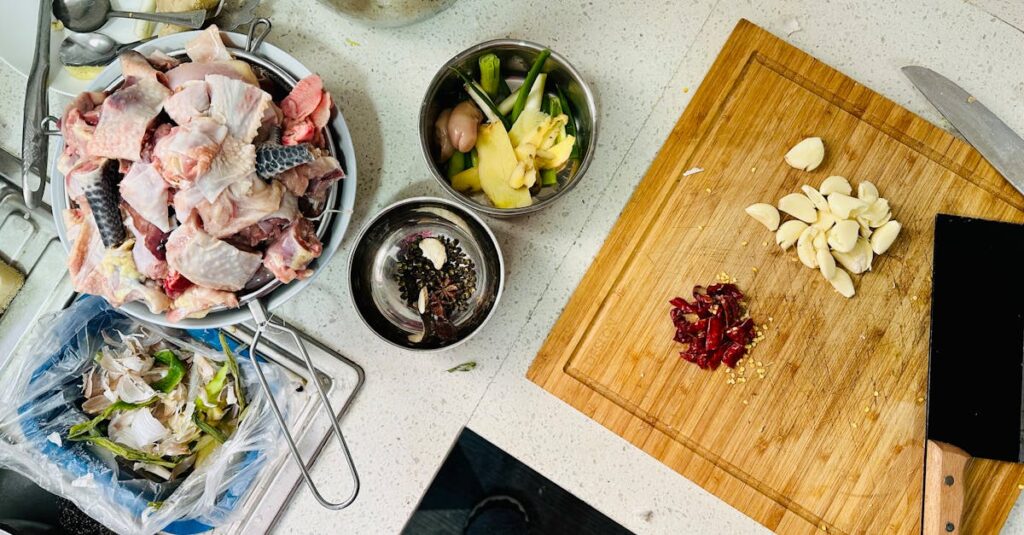 作り置き初心者が効率的に調理している様子、オーブンとレンジを活用して手順通りに進めるキッチン