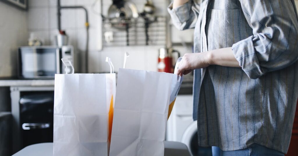 日用品や消耗品をネットスーパーでまとめ買いしてコストを抑える主婦のイメージ。