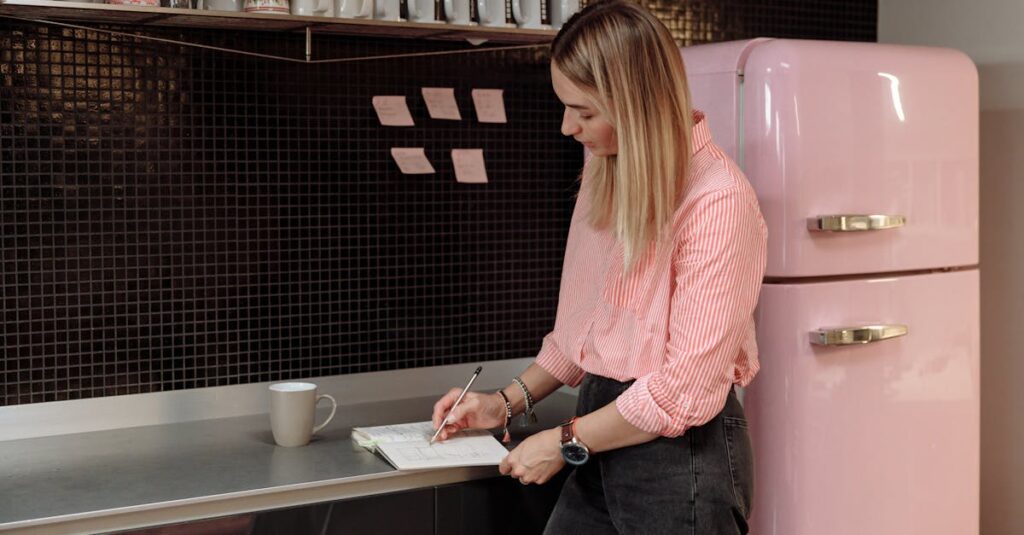 夫婦がテーブルで家事のタスクリストを書き出している様子。見えない家事も洗い出すシーン。