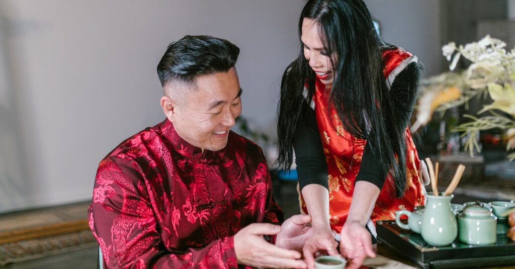 家事分担表を確認しながらお互いに感謝を伝える夫婦の様子。努力の可視化による温かい雰囲気。