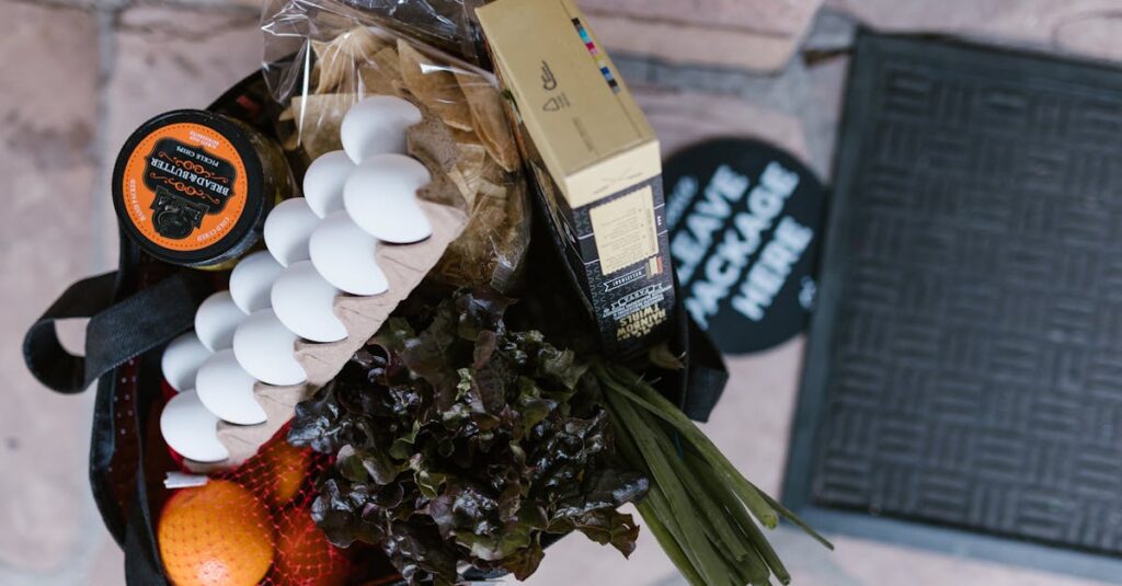 食材や日用品の定番をカテゴリ別に整理した買い物リストのイメージ画像。