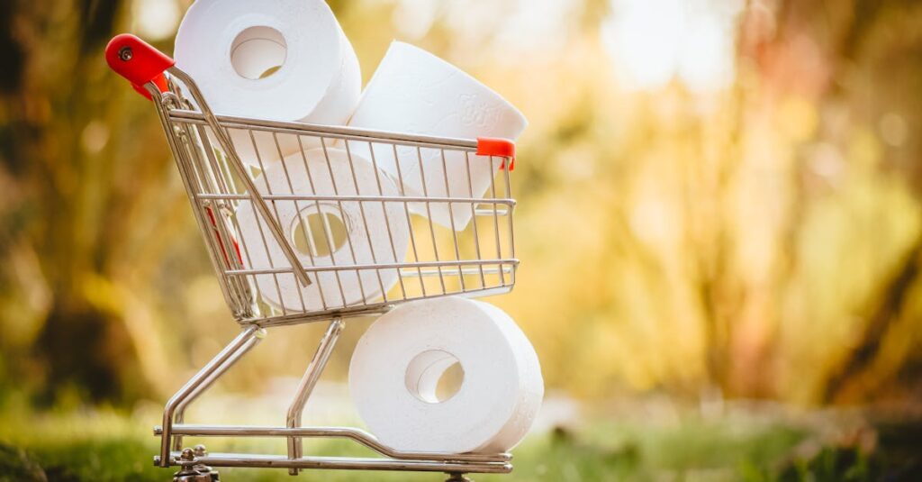 日用品や消耗品をネットスーパーでまとめ買いしてコストを抑える主婦のイメージ。