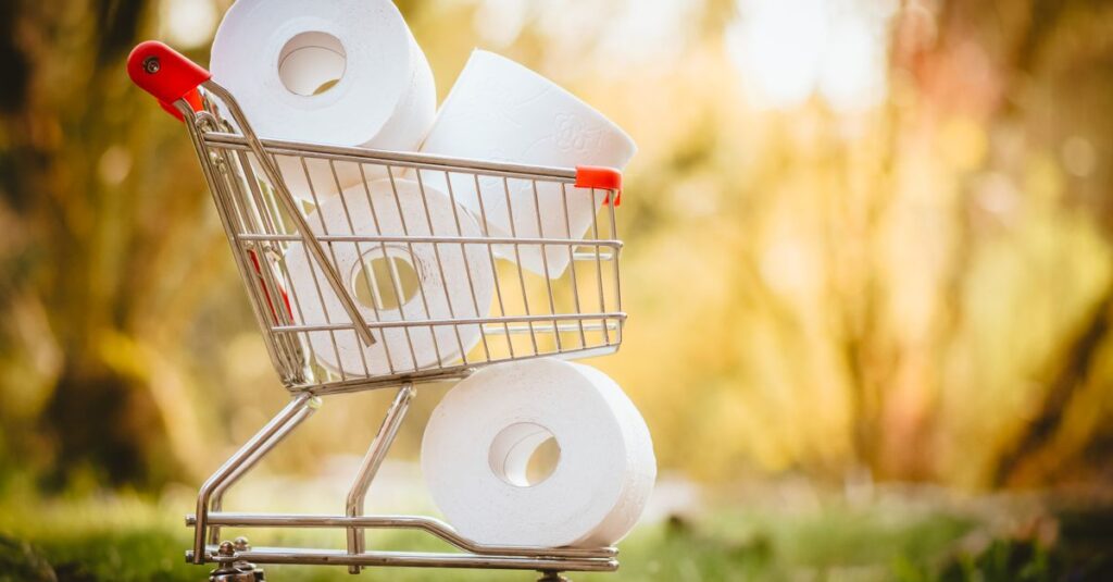 日用品や消耗品をネットスーパーでまとめ買いしてコストを抑える主婦のイメージ。