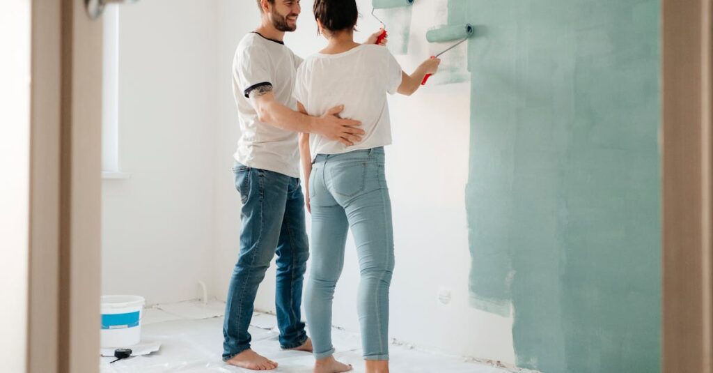 家事分担表を確認しながらお互いに感謝を伝える夫婦の様子。努力の可視化による温かい雰囲気。